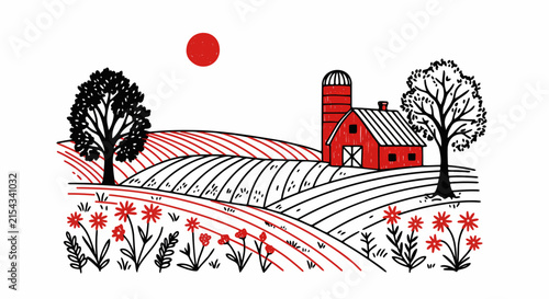 A stylized drawing of a rural landscape featuring a red barn, silo, trees, and rolling fields under a red sun. The illustration has a bold.