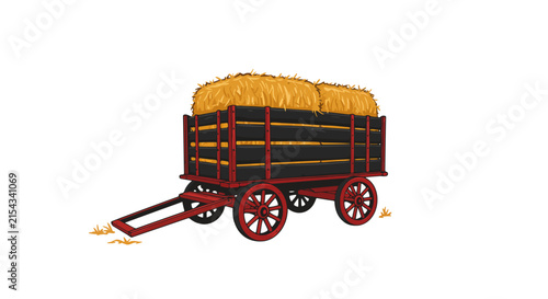 A rustic hay wagon filled with golden hay bales, ready for harvest. The wagon features a dark wooden body with red accents and wheels, conveying a sense of rural tradition.