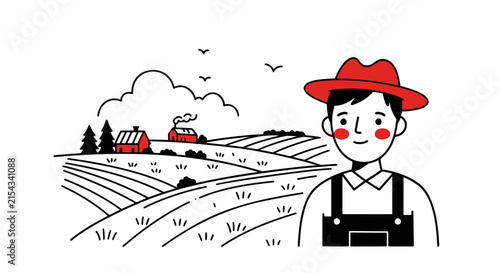 A happy farmer in a red hat standing in front of a scenic farm landscape with rolling hills and barns
