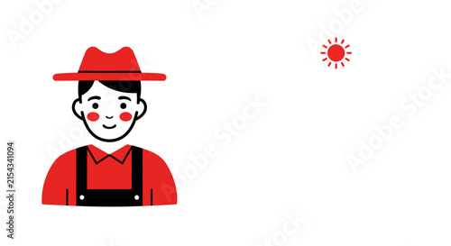 A farmer wearing a red hat and overalls, with rosy cheeks and a friendly smile. A small red sun icon is visible in the background