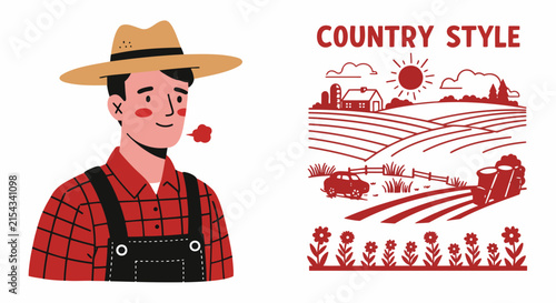 A farmer wearing a straw hat and overalls stands in front of a stylized farm landscape illustration, both in a red and white color scheme. The landscape depicts rolling fields, a barn, a tractor.