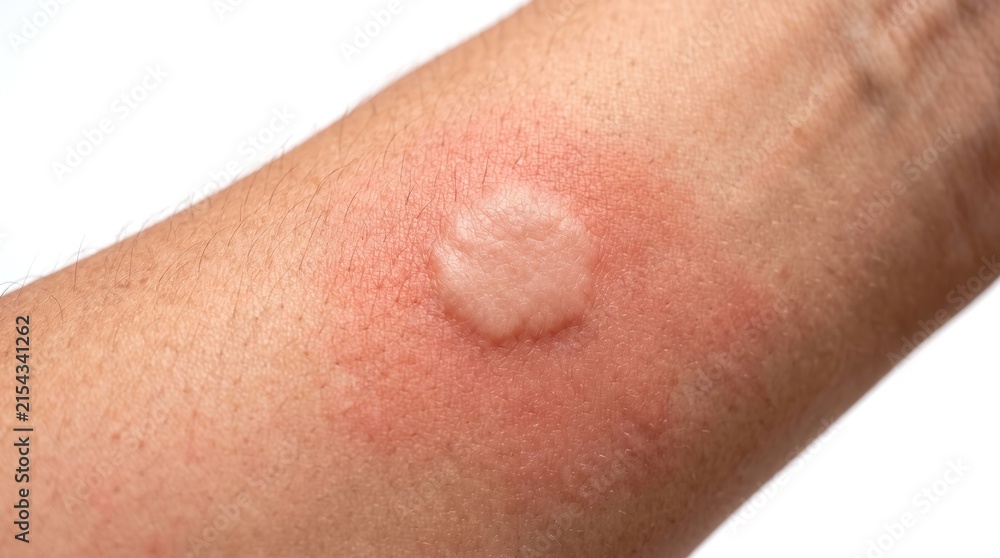 Fototapeta premium Raised skin wheal with red surrounding erythema on human arm showing allergic reaction