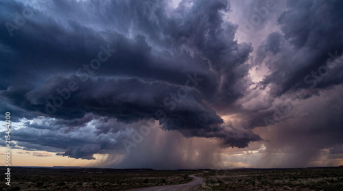 Принти на полотні Turbulent, dark thunderstorm clouds unleash heavy rain over a winding desert road, creating a powerful