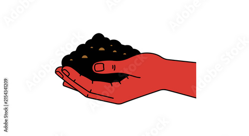 A red hand holding a pile of black soil with gold flecks, symbolizing growth and abundance
