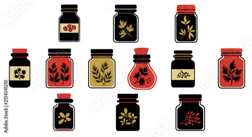 A collection of glass jars filled with various herbs, spices, and berries, adorned with illustrative labels. Each jar features a distinct design, showcasing botanical motifs and natural ingredients
