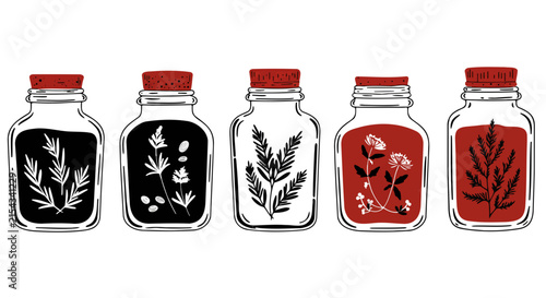Five glass jars with red lids, each containing dried plants or herbs. The jars are arranged in a row with varying contents and contrasting colors.