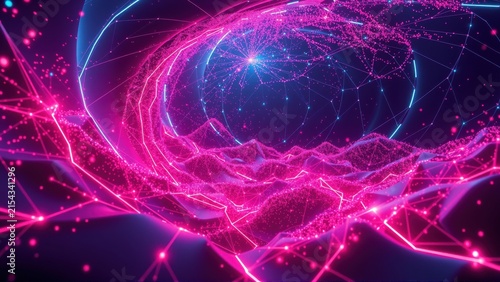 Abstract glowing network. Pink, blue lines create complex digital structure. Futuristic design, vibrant energy, dark background.