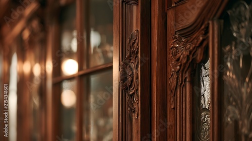 Elegant ornate wooden cabinet detail with intricate carvings in a dimly lit room.