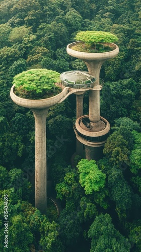 Futuristic biodomes with lush greenery rising above a dense forest canopy, representing advanced ecological integration and sustainable research habitats.
