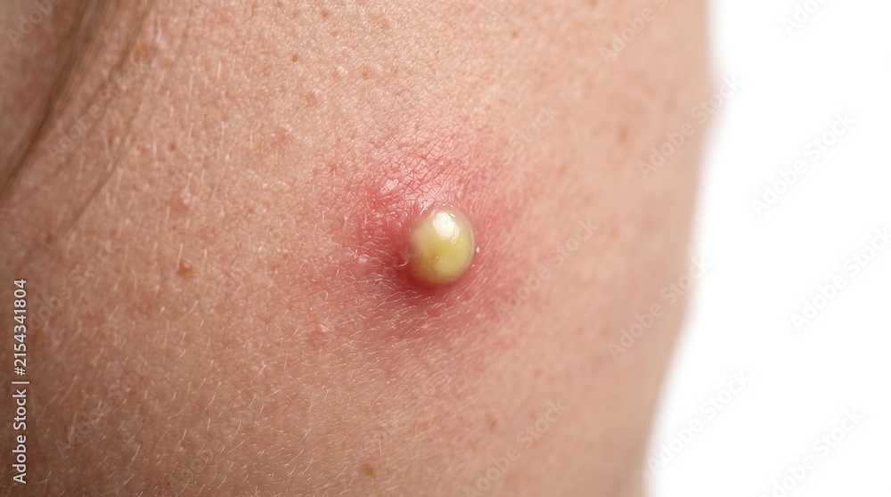 Fototapeta premium Macro close up of inflamed skin pus pimple on facial cheek
