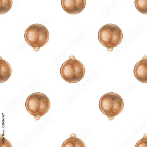 Seamless pattern of Christmas tree balls. Watercolor illustration of a gold New Year's ornament. Hand drawn on white isolated background. Water color painting for print or gift wrapping paper