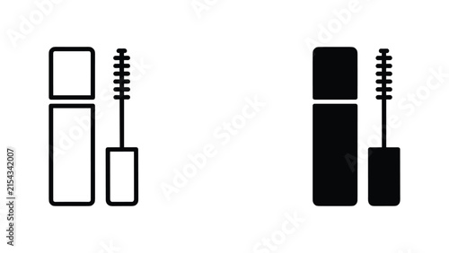 Foto Mascara tube and wand applicator icon set in thin line and solid flat black vect