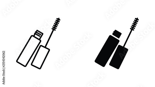 Bild auf Leinwand Mascara tube with open brush applicator icon set in outline and solid black vect