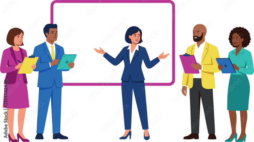 Fototapeta premium Diverse corporate business team giving presentation in front of blank board in office vector illustration