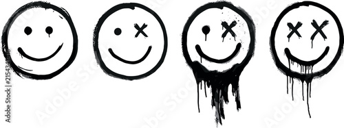 Graffiti style smiley faces vector set featuring dripping black spray paint stencil emoticon symbols with grunge texture splatters