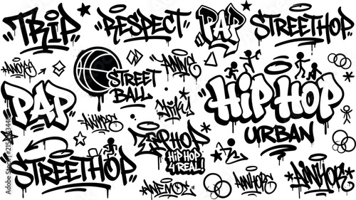 Urban graffiti text elements vector set featuring hand drawn typography tag stickers hip hop words and streetball basketball icons