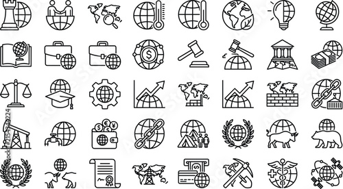 Foto Global politics macroeconomics and international relations line icon set featuri