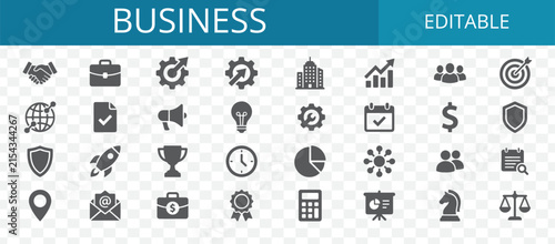 Set of various business and management icons representing strategy communication growth and corporate development for professional web design