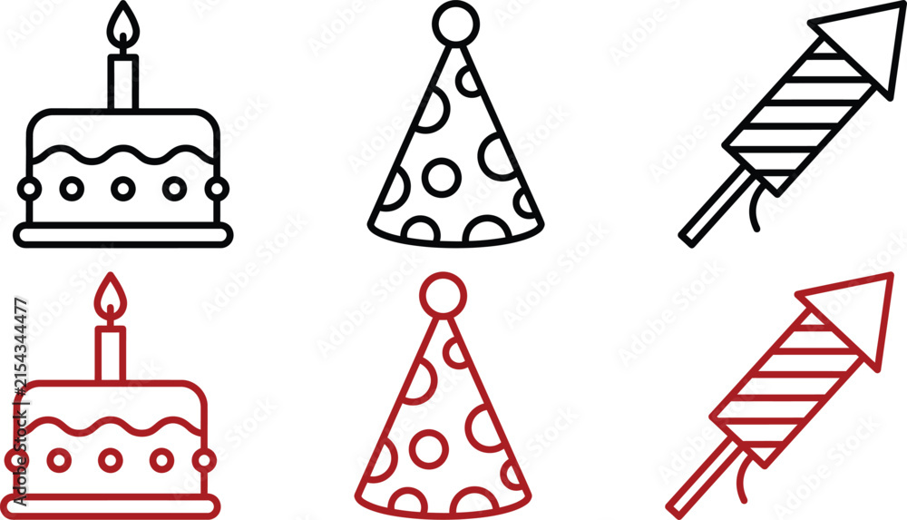 Fototapeta premium Birthday celebration line vector icons set isolated