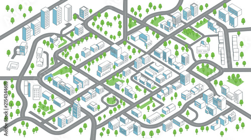 Isometric city map vector blueprint illustration featuring urban district street navigation grid architecture buildings blocks and green park trees
