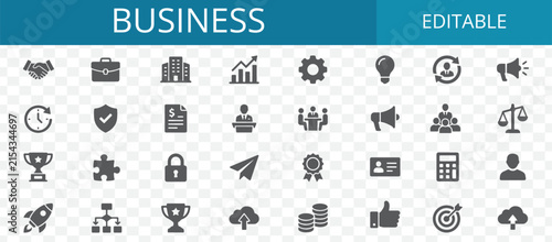 Set of various business and management icons representing strategy communication growth and corporate development for professional web design