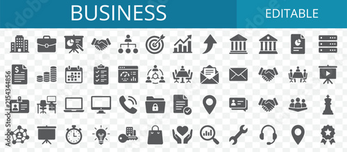 Set of flat business and office icons representing management communication finance and professional corporate work tasks