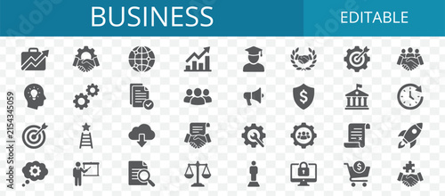 Set of various business and management icons representing strategy communication growth and corporate development for professional web design