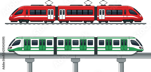 Photography Modern high speed red subway train on tracks and green monorail metro transit on