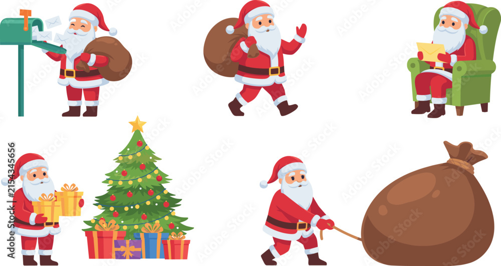 Fototapeta premium Cute Santa Claus character set showing various holiday activities like reading letters and pulling huge sack