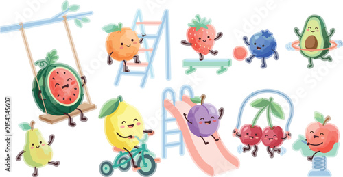 Cute Fruit Character Playground Icon Set with Watermelon on Swing Lemon Riding Bicycle Plum on Slide and Avocado Playing Hula Hoop Vector Illustration