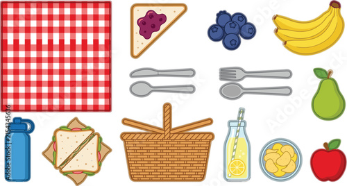Summer Picnic Icon Set with Gingham Blanket, Wicker Basket, Fresh Sandwiches, Fruit, Lemonade, Chips, and Cutlery for Outdoor Dining Vector Illustrations