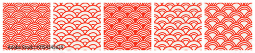 Set of traditional classic modern abstract Asian seigaiha seamless patterns of red waves or semicircles on white background, drawing, simple vector hand-drawn illustration in flat style