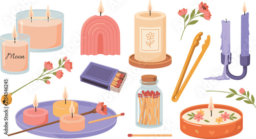 Obraz na plátně Cozy scented candles aromatheraphy set with matches flowers snuffer and candlest
