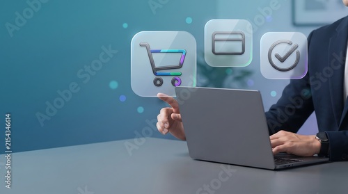 A business professional using a laptop to manage online shopping cart and digital transaction processes in a modern office environment