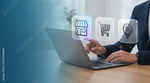 A business person using a laptop to manage online store operations with digital icons representing shopping cart and retail commerce