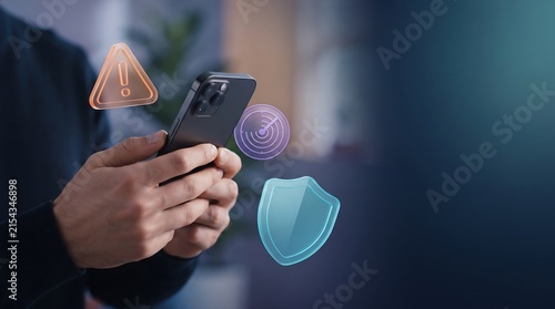 A business professional holding a smartphone displaying digital security icons representing data protection privacy and mobile device cyber security concepts