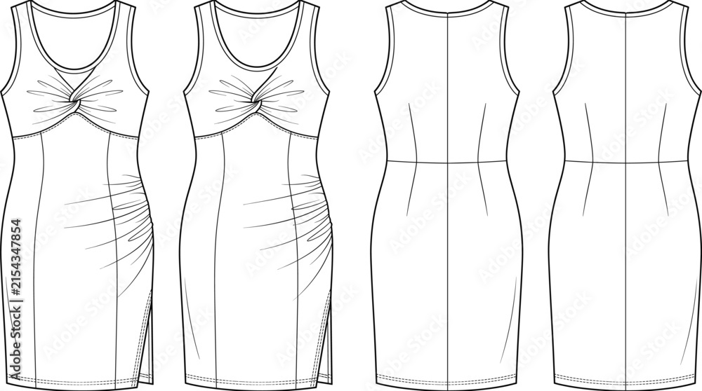 Poster, Print Women twist front bodycon dress flat sketch vector template for fashion tech pac, 40x22.2 cm