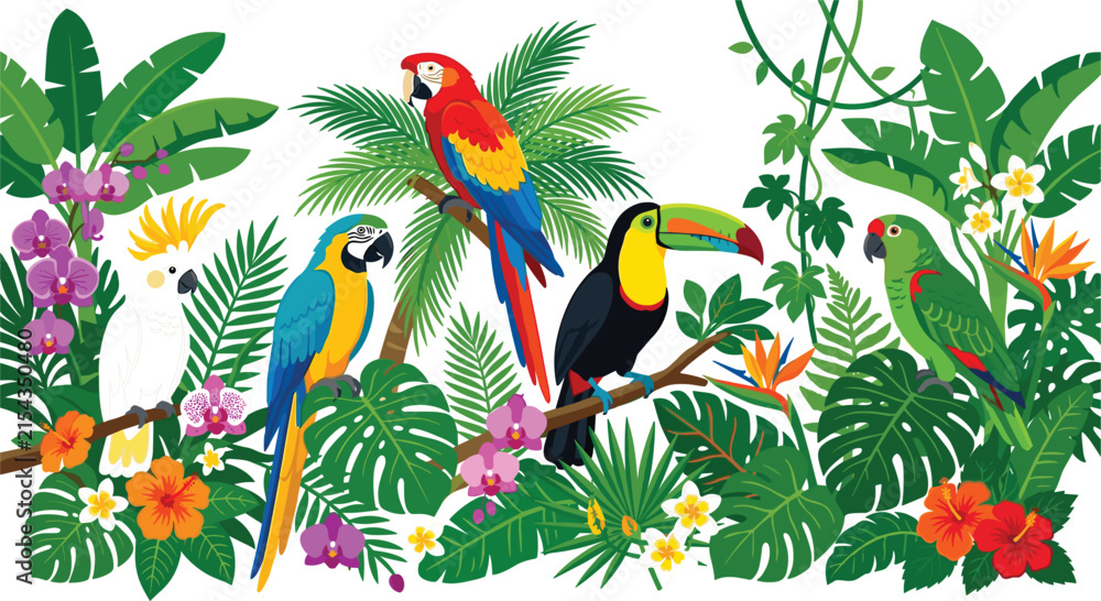 Obraz premium Tropical Bird Collection with Parrots, Toucan, Cockatoo, Jungle Leaves, Exotic Flowers and Rainforest Wildlife Flat Vector Illustration Set