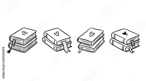 Book stack icon set in a hand drawn doodle style including reading journals and novels with heart symbols and bookmarks.