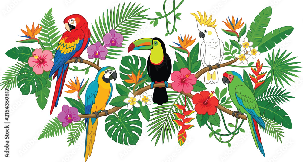 Obraz premium Tropical Birds and Exotic Flower Arrangement with Parrots, Toucan, Cockatoo, Jungle Leaves and Colorful Floral Flat Vector Illustration Collection