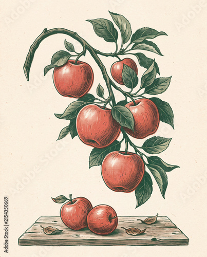Apple branch botanical illustration with ripe red fruit