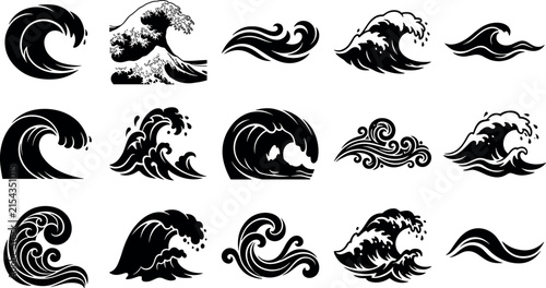 фотографія Ocean wave silhouette vector icon set featuring Japanese Kanagawa style curling breakers tidal crests surf and swirling sea ripples elements