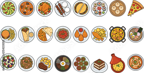 Global Cuisine and Fast Food Vector Icon Set with Top View Plates of Pizza Burger Sushi Ramen and Curry for Restaurant Menu Designs