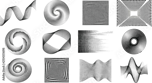 Abstract halftone patterns collection, dotted wave backgrounds, optical illusion textures, and geometric vector illustration set