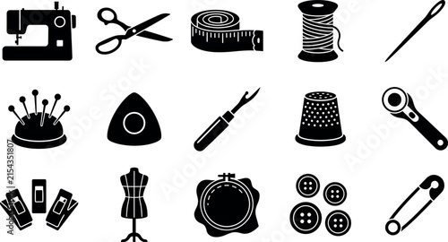Картината върху платно Sewing machine and tailoring equipment vector silhouette icon set featuring scissors thread needle buttons pincushion and dressmaker mannequin