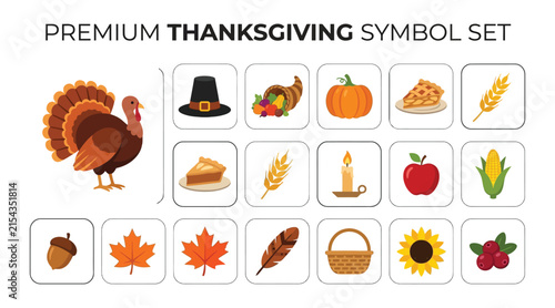 Thanksgiving day collection featuring turkey pumpkin pie cornucopia and autumn leaves. vector illustration
