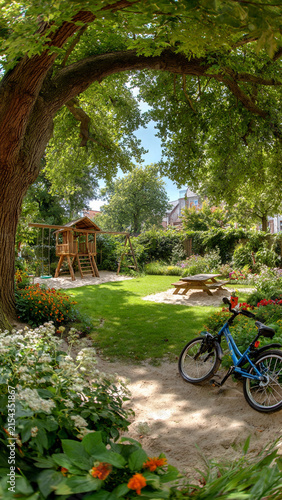A cozy backyard garden with shady trees, swings, a playhouse, and a place for children to relax and play.