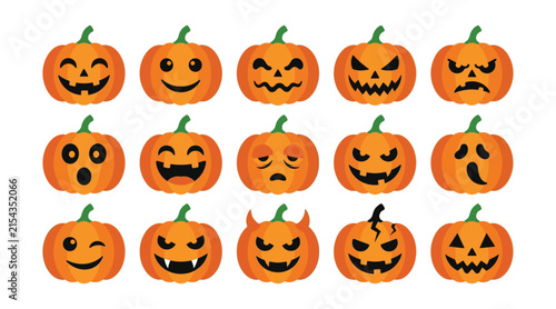 Collection of diverse cartoon jack o lanterns with various spooky and funny expressions. vector illustration