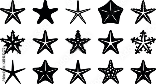 Foto Starfish and sea star marine wildlife silhouette vector icon set featuring tropical echinoderm ocean shapes for summer beach decor