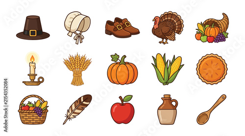 Collection of thanksgiving day icons and symbols on a white background. vector illustration